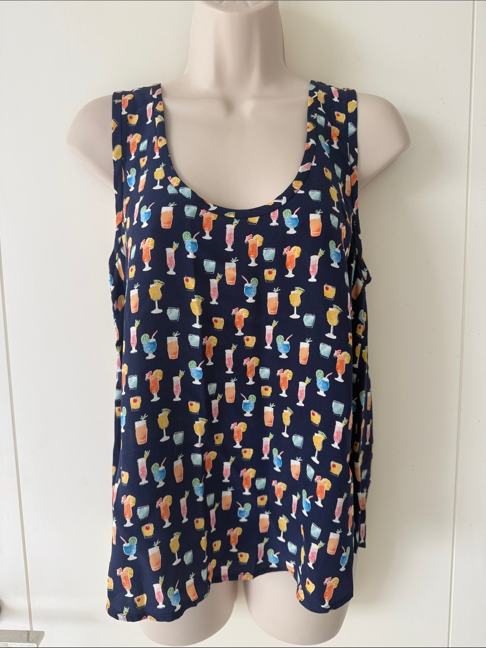 Joie Loyte Navy Multi Color Cocktail Print Sleeveless Scoop Neck Silk Tank Top S